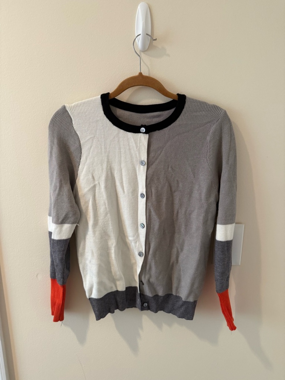 Colorblock Gray and Cream Cardigan Sweater with Orange Cuff Accents